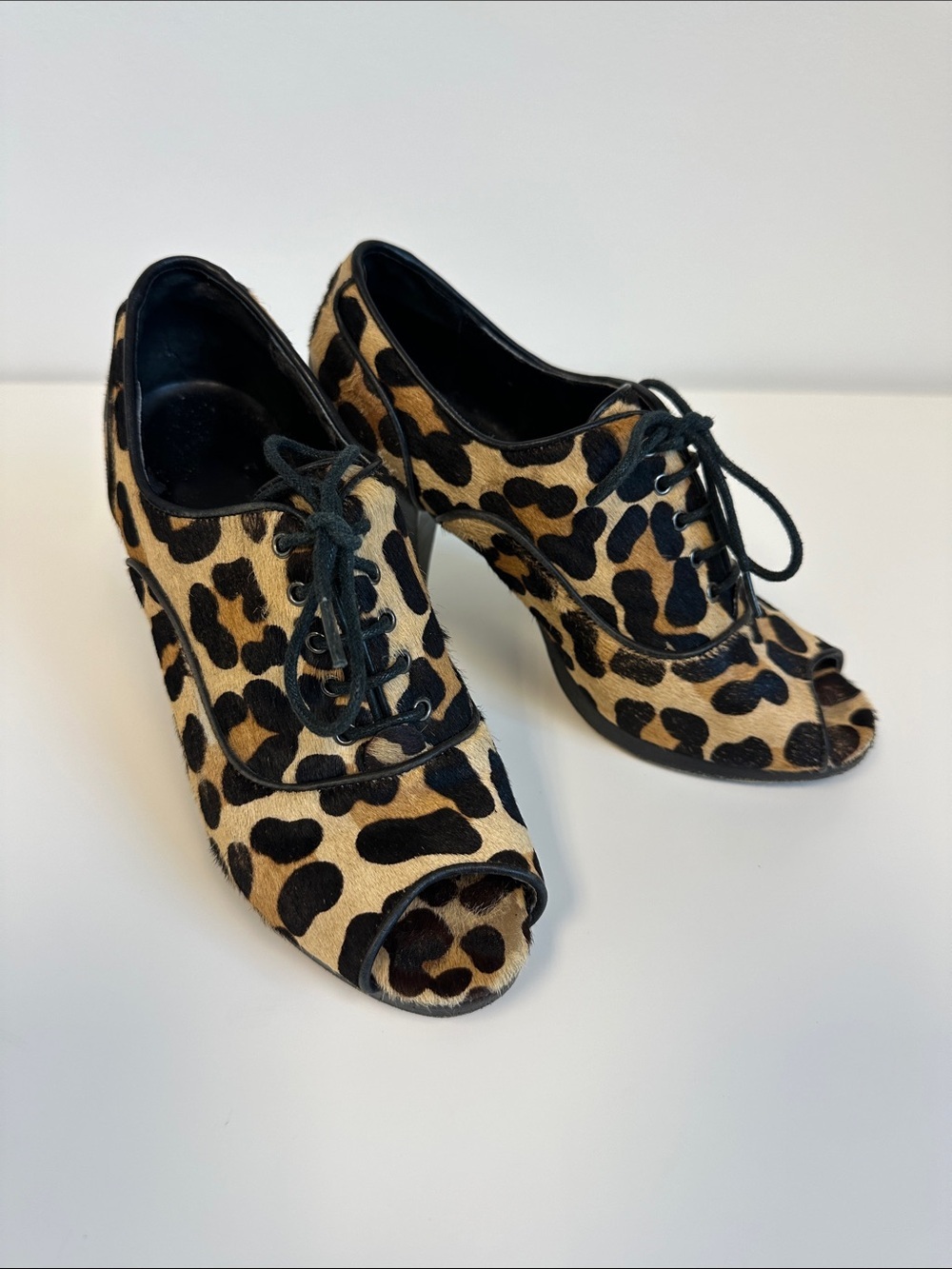 Leopard Calf Hair Lace-Up Peep Toe Bootees Heels Sz 6.5